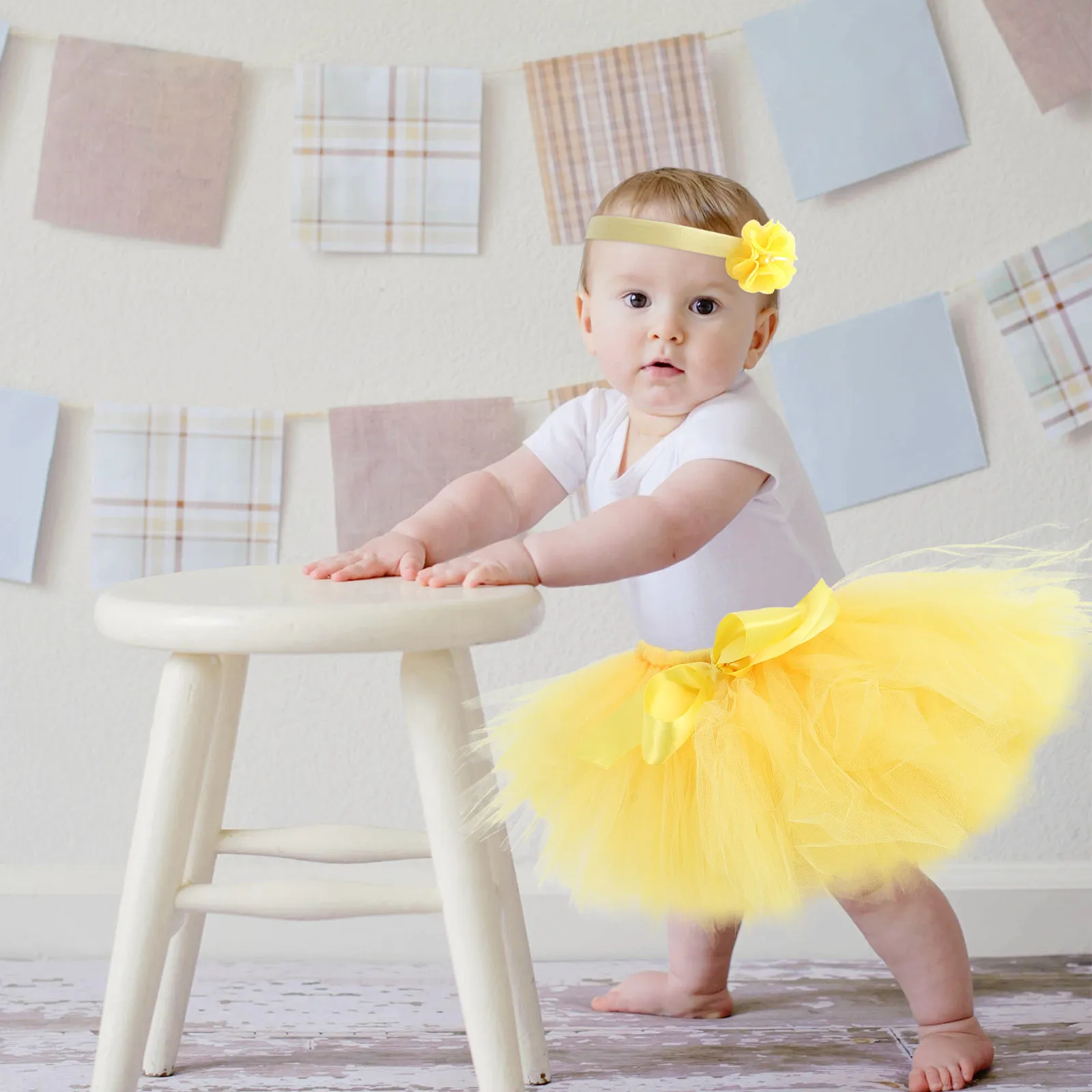 Conjunto de falda tutú para bebé, vestido de tul amarillo para 0-12 meses, accesorio de fotografía para bebé, traje para niña, ropa de fiesta, regalo para recién nacido, 12 Uds.