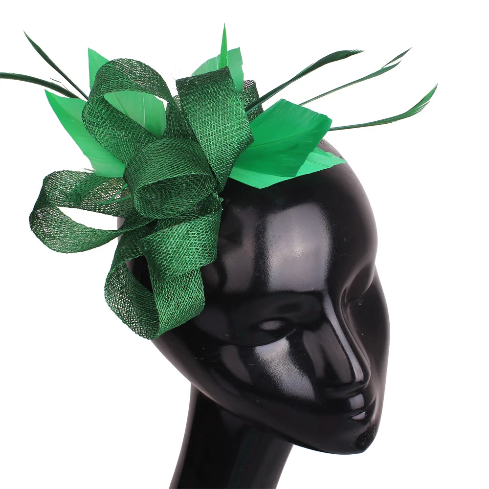 Vinatge Green Millinery fascynatory z Sinamay nakrycia głowy z piór damskie ślubne Kentucky nakrycia głowy kwiatowe koktajlowe czapki imprezowe