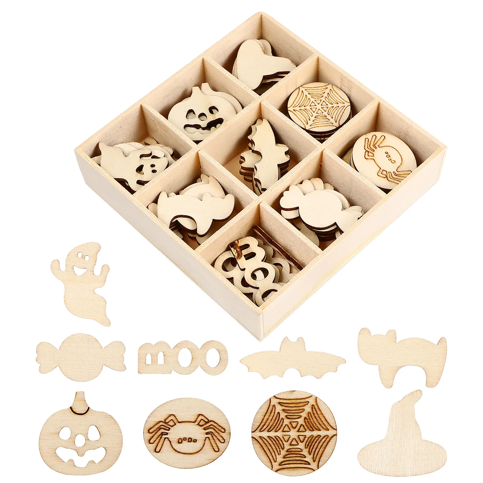 

72pcs Wooden Chips Decoration Box Lovely Halloween Crafts For Diy Home Festive Adornment Unique Durable Wooden Craft Set