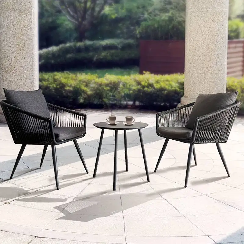 3 Piece Aluminum Outdoor Woven Rope Bistro Patio Set, Aluminum Frame, 2 Chairs With Cushions, Gray