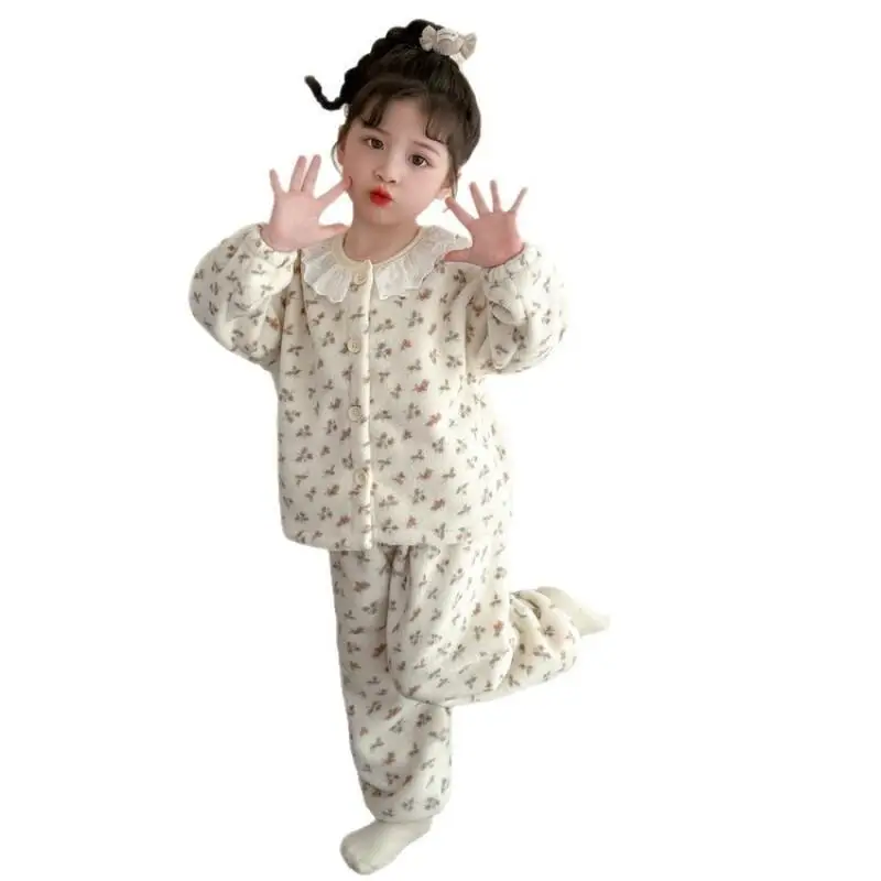 الفانيلا المنزل اثنين الفتيات الخريف الشتاء مجموعة الطفل سميكة الدافئة الأطفال Kawaii معطف غير رسمي القمم قطعة المرجان المخملية بيجامة غرزة' #5