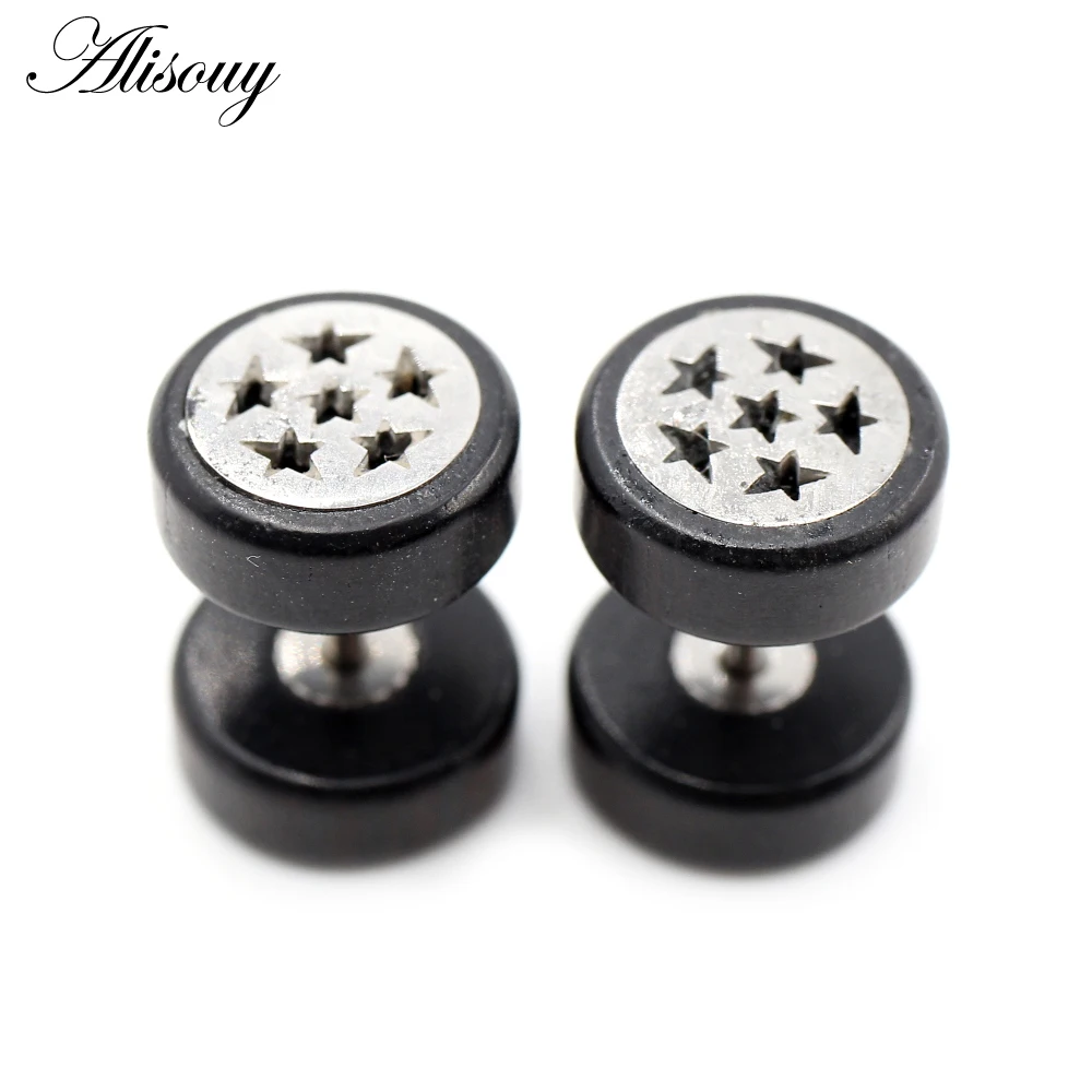 Alisouy 2PCS Stainless Steel Star Flower Natural Wood Punk Ear Stud Earrings Tragus Barbell Fake Ear Plugs Brincos For Men Women