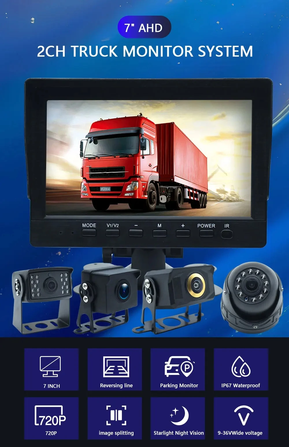 HD 1920x1080P 7Inch IPS Screen Vehicle DVR Recorder Parking Monitor 2 Channels Front Rear AHD Car Camera Truck Bus Trailer