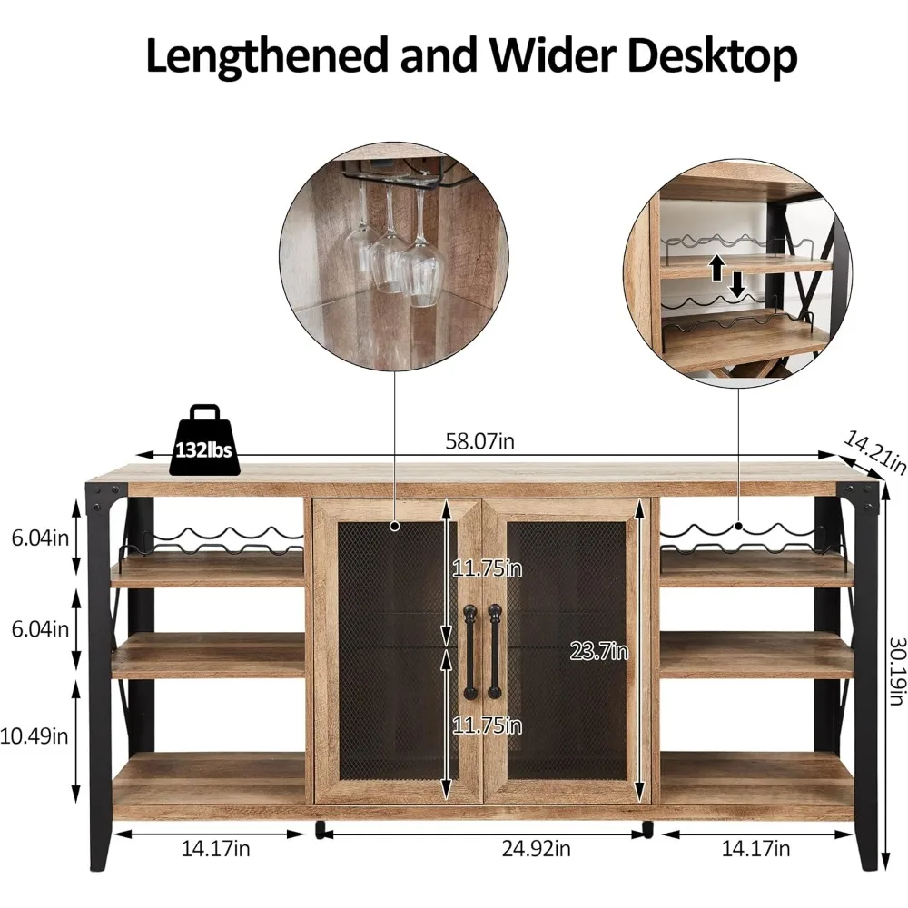 58" Wine Bar Cabinet with Wine Rack Storage,Home Bar for Liquor and Glasses, Farmhouse Coffee Bar Cabinet, Liquor Cabine