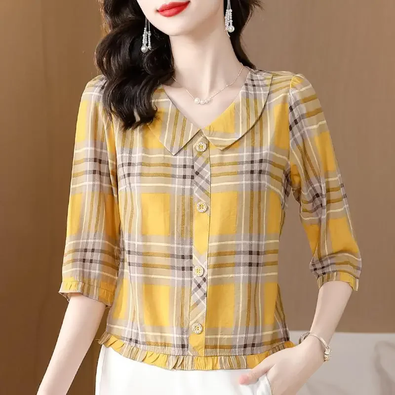 

Pure Cotton ort Sve irt Women's Faionable Mom Sle Korean Commute Plaid Doll Collar Button up Casual Top