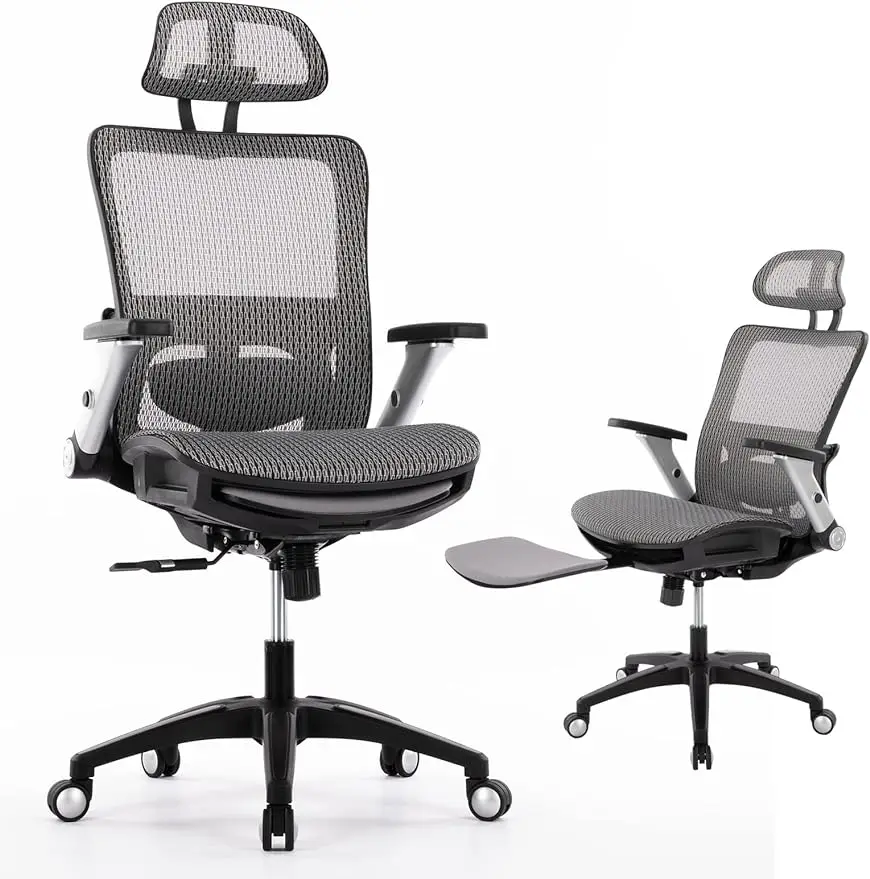 Ergonomic Mesh Office Chair with Footrest, High Back Computer Executive Desk Chair with Headrest and 4D Flip-up Armrests, Adjust