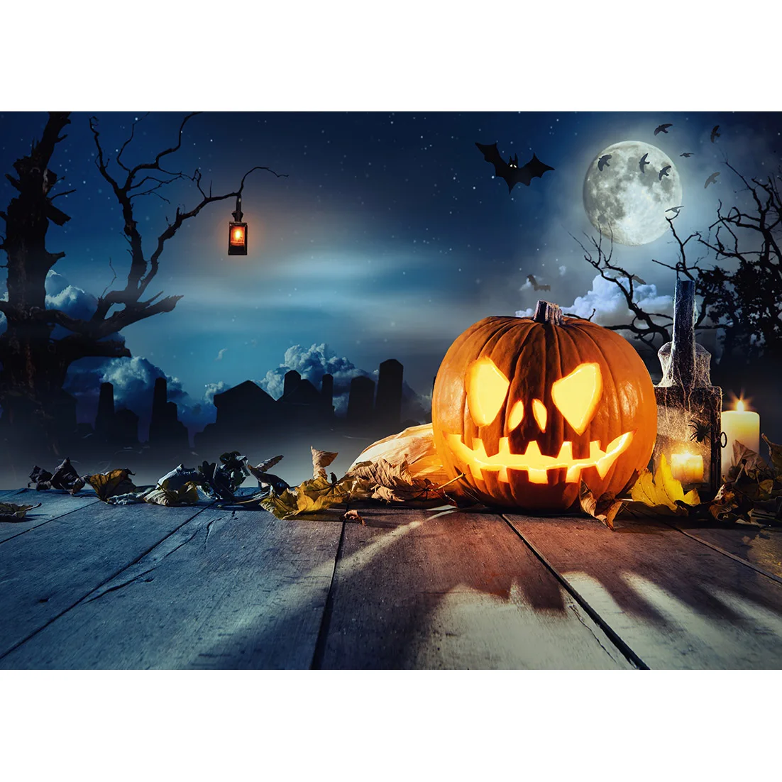 แจ็ค-O-โคมไฟฮาโลวีนฟักทองไวนิลพื้นหลังดวงจันทร์ค้างคาวไม้ฉากหลังปาร์ตี้ครอบครัวเด็ก Photo Studio Photozone