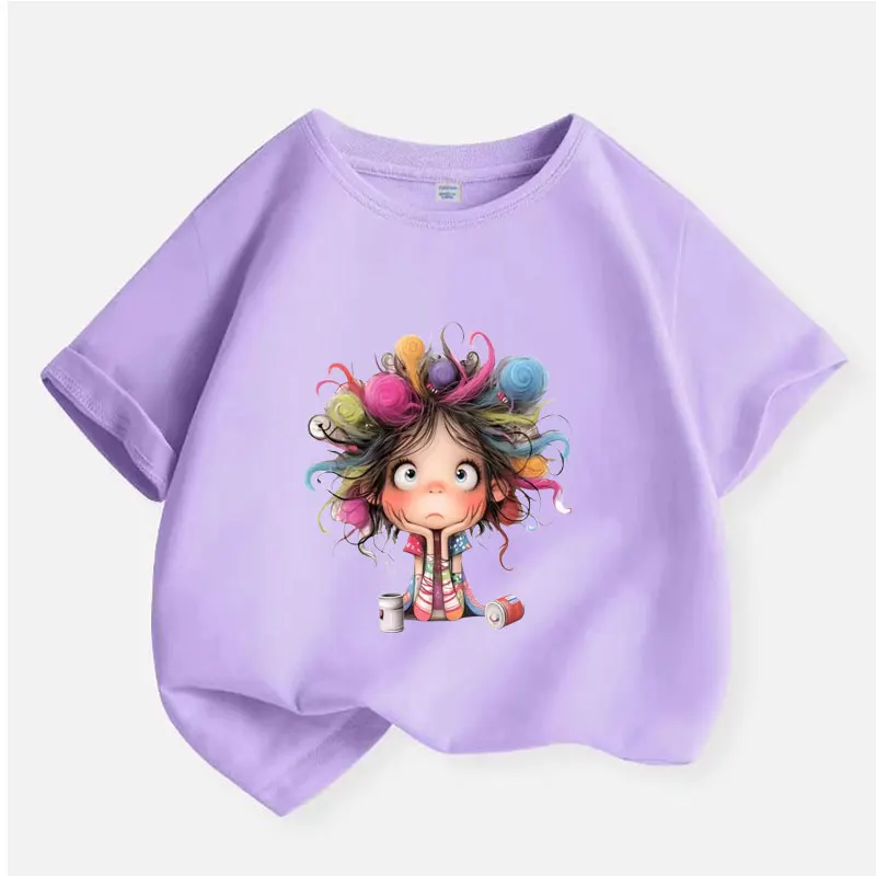 2025 Summer Fashion Children's Curly Haired Girl T-shirt Boys T Shirt Girls Clothes Print Cartoon T Shirts Cotton Kids Clothes