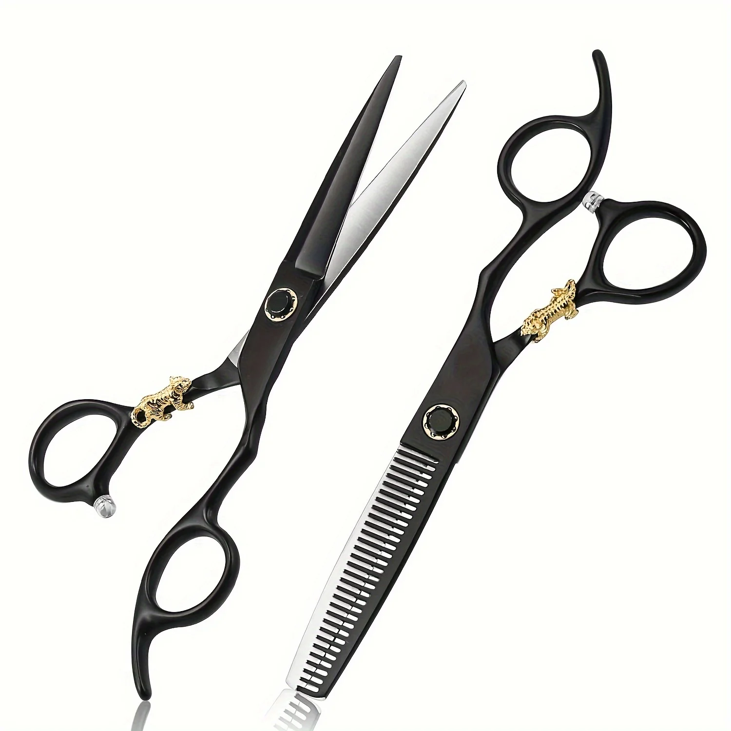 Professional Hair Scissors - Black Painted Small Golden Tiger Bearing Screws, Sharp Cutting and Thinning Scissors
