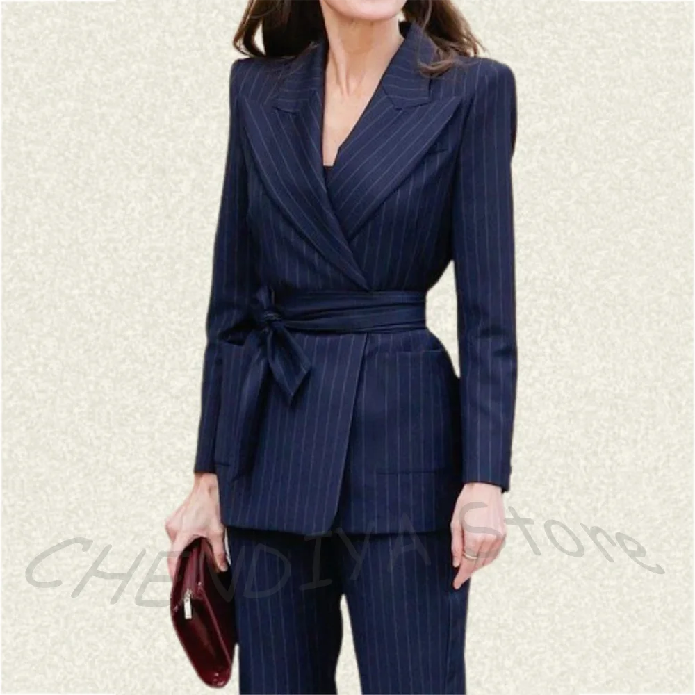 Classic Striped Suit For Women Regular Fit Jacket Pants With Belt Professional Office Lady Formal Outfit Set Smart Casual