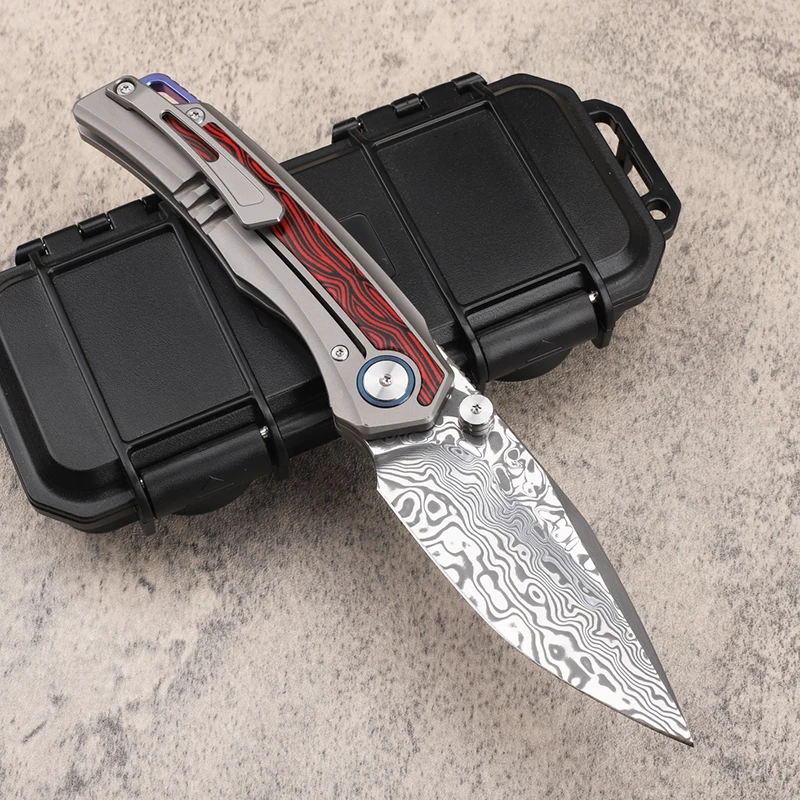 New RWL34 Powder Damascus Steel Blade Titanium Alloy Handle Survival Fruit Camping EDC Gift Tool Knife