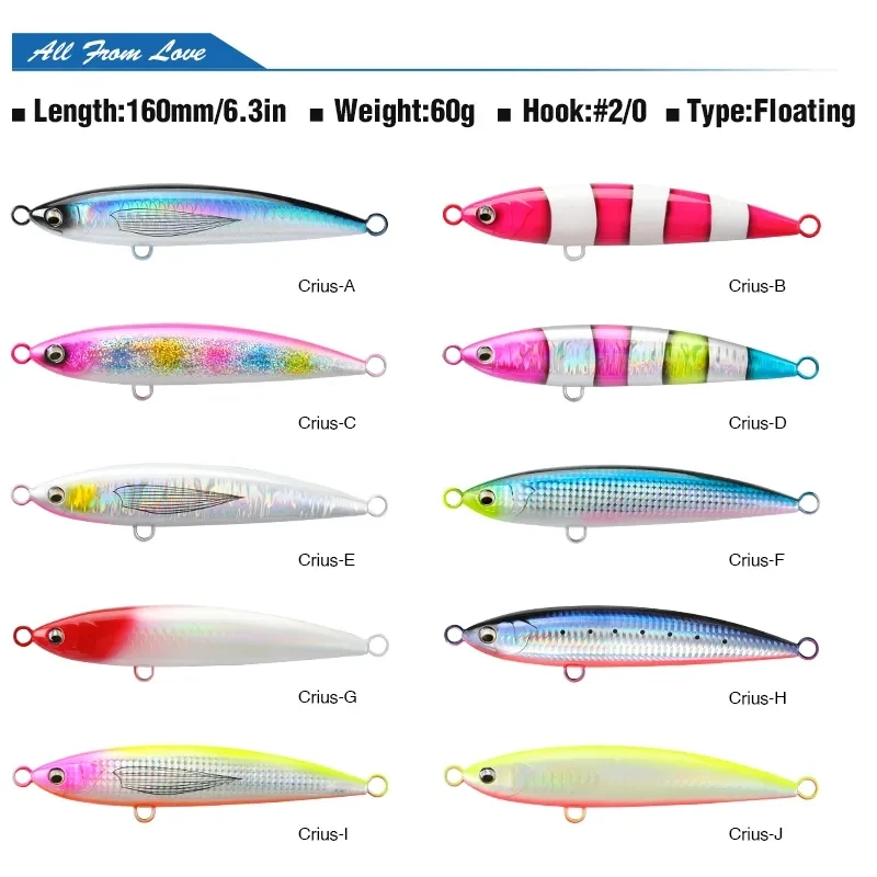 TSURINOYA 2PCS 160mm 60g Saltwater Fishing Lure Topwater Pencil CRIUS Trolling Stick Bait For GT Boat Sea water Big Hard Baits