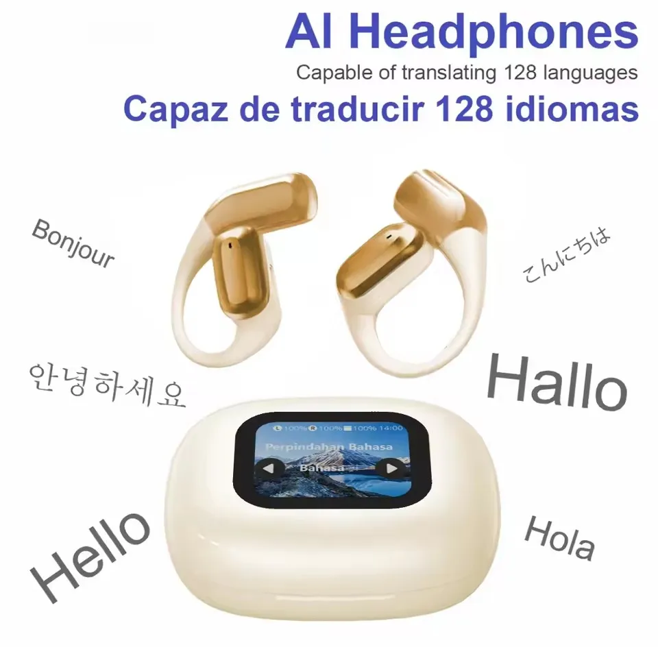 Hellodigi AI Translation Earphones Bluetooth 5.4 Touch Color Screen OWS Wireless Earphones Real Time Translation Headphones