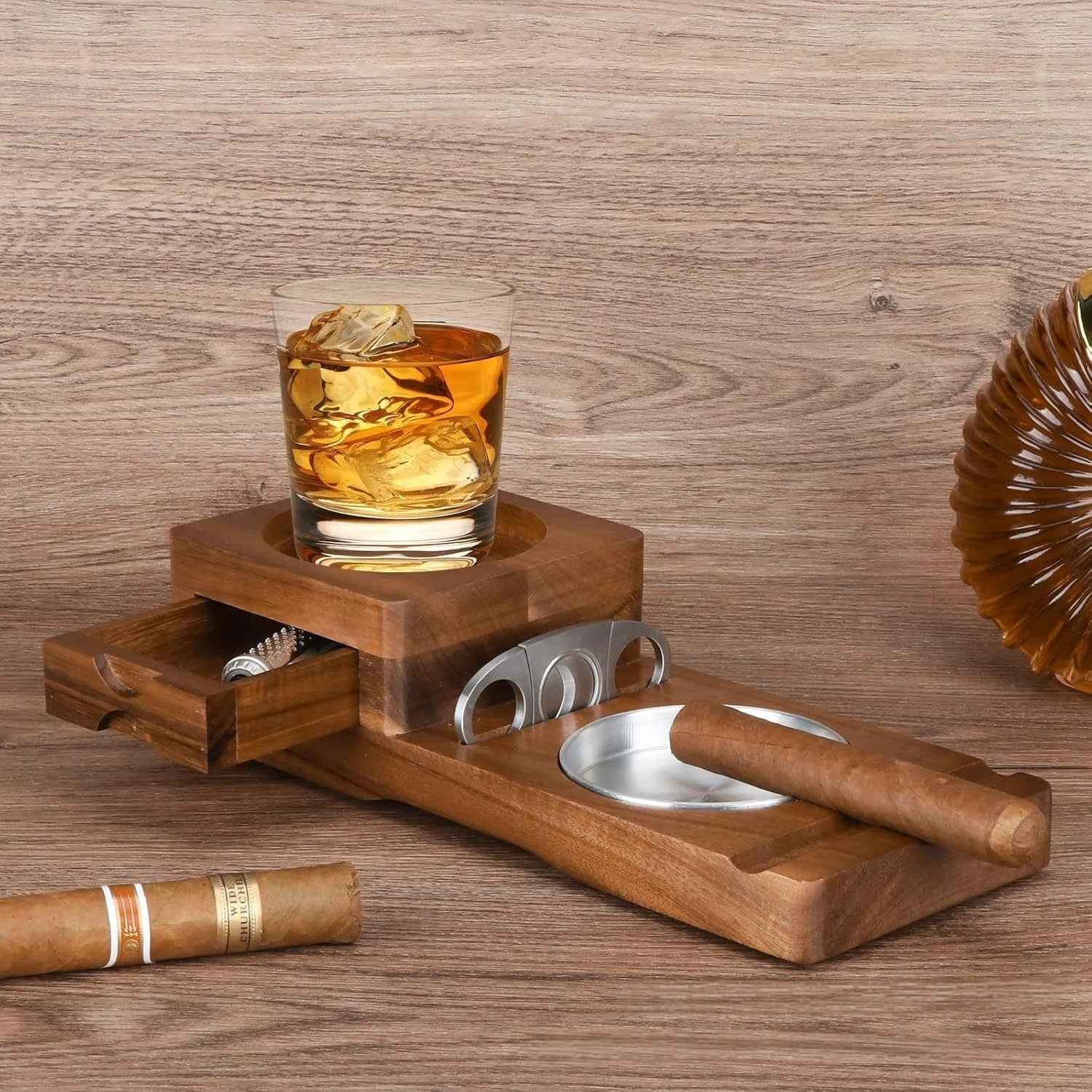 

Solid Wood Cigar Ashtray With Cigar Drawer, Whiskey Cup Holder, Cigar Cutter, Stainless Steel Bowl