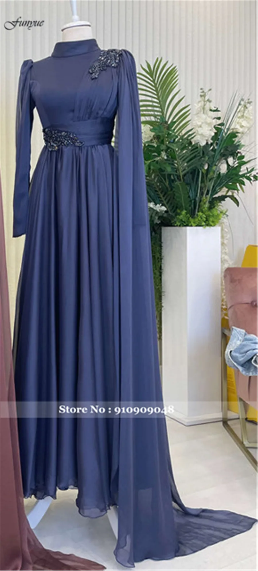 Funyue A-Line Chiffon Blue Prom Gown Vestidos De Noite Beaded Long Sleeves Formal Dress Arabic Dubai Arabic Evening Dresses