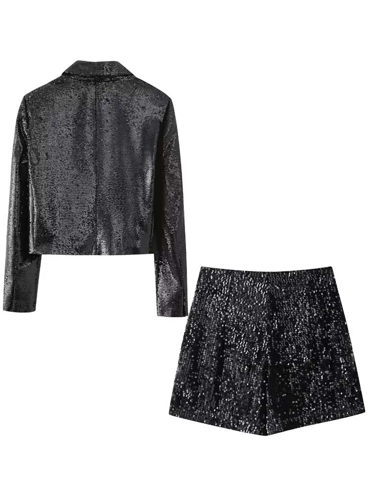 Stylish Contrast Sequined blazer Cropped jacket And High waist Mini skirt Bermuda shorts 2024 New Two piece set Spring 3O363