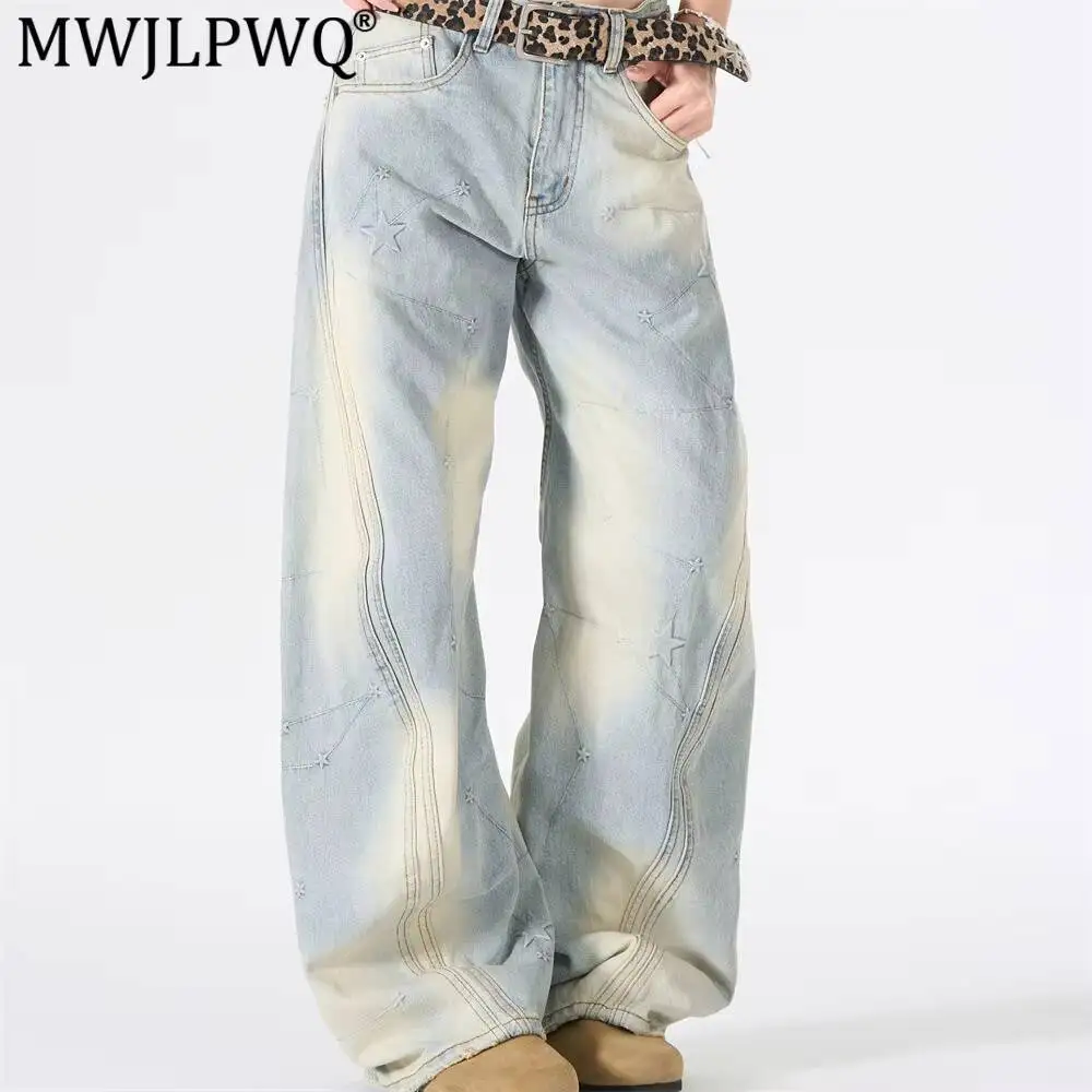 MWJLPWQ Embroidered Distressed Jeans For Men Punk Retro Gradient Wash Frayed Unique Design Hiphop Loose Wide-Leg Pants 17426