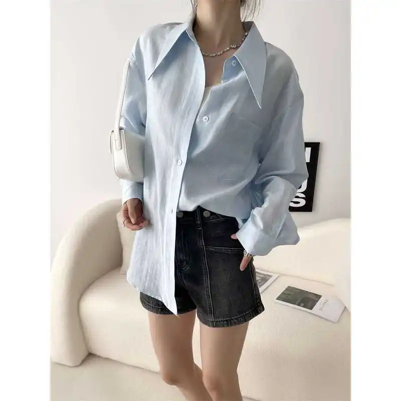 

Женская шелковая льняная рубашка Mengzi Xitian, тонкая, летняя, повседневная, из полиэфирного волокна, с длинным рукавом, острым воротником, однотонная, унисекс