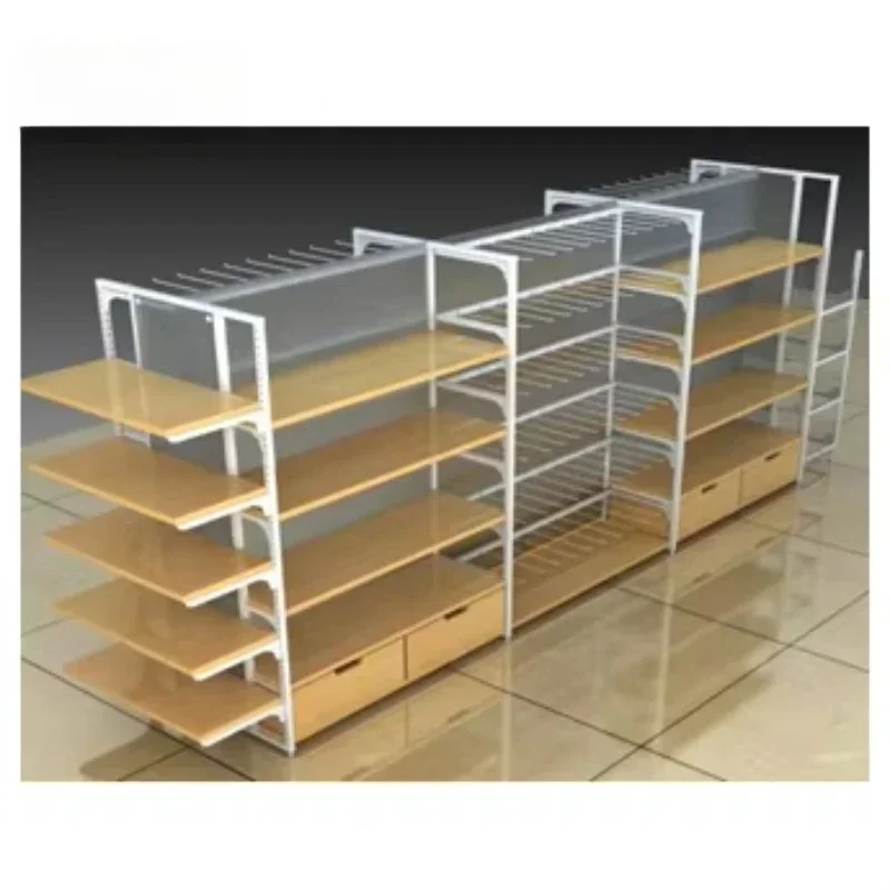 

Heavy Duty Double-Sided Supermarket Gondola Shelving Metal Frame Display Rack With Wooden And Steel Combinations For Store Use