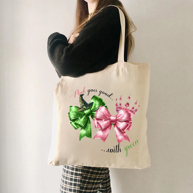 Pink Goes Good with Green Shopping Bag Glinda Elphaba Inspired Musical Lover Gift Tote Bag Wicked Musical Theater Fans Gifts