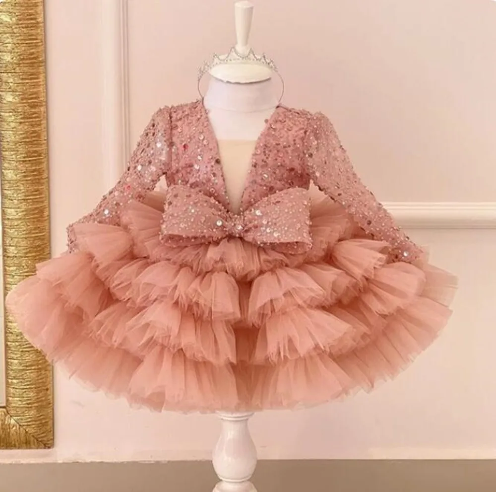 بريق الشمبانيا زهرة فتاة فساتين الترتر طفلة فستان مربع منتفخ فساتين للفتيات الاطفال ثوب حفلة عيد ميلاد #3