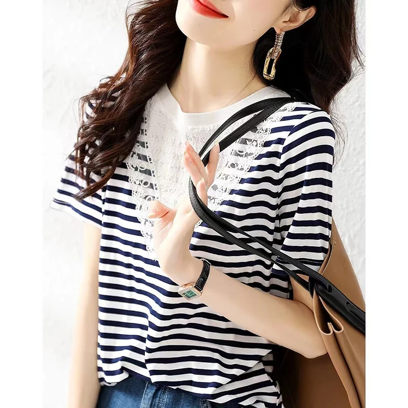 

Fashion Printed Spliced Lace Ruffles Striped Blouse Women's Clothing 2023 Summer New Casual Pullovers Loose Short Sleeve Shirt