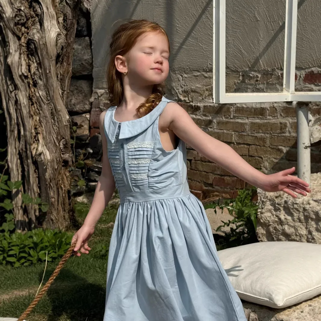 2026 Summer New Girls Retro French Princess Dress Sleeveless Girls Waist Cinching Style Princess Dress