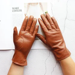 Summer Driving Thin Leather Sheepskin Gloves Women's Fashionable Silk Lining Perforated Motorcycle Riding Finger Gloves