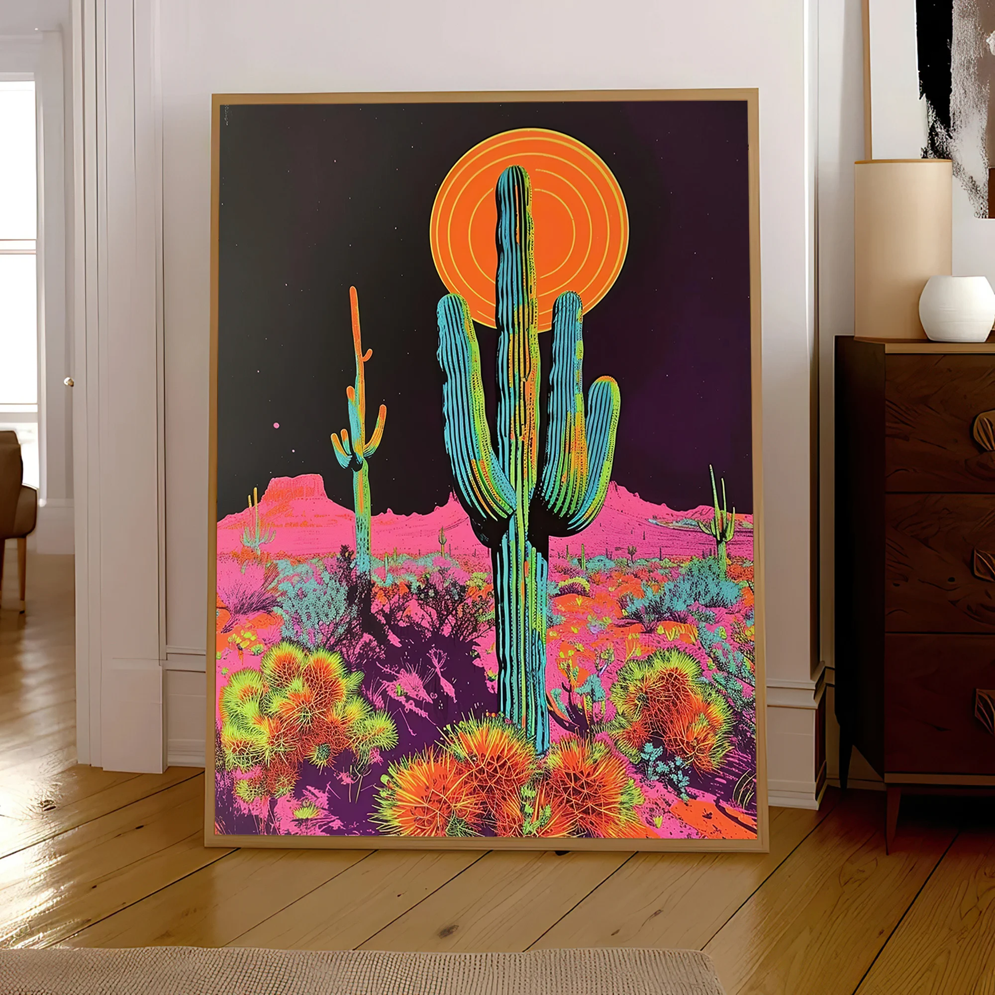 2D Flat, Frameless Neon Cactus-Themed Canvas Poster—Featuring Psychedelic Pop Art Style,Home Living Room Decor