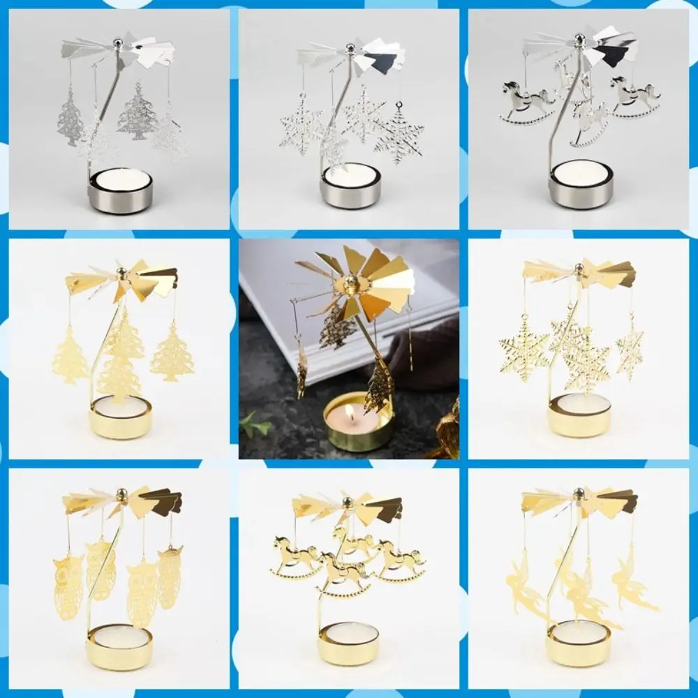 Metal Metal Rotating Tea Light Holder Gold Silver Angel Carousel Pattern Christmas Rotating Candle Holder Hollow