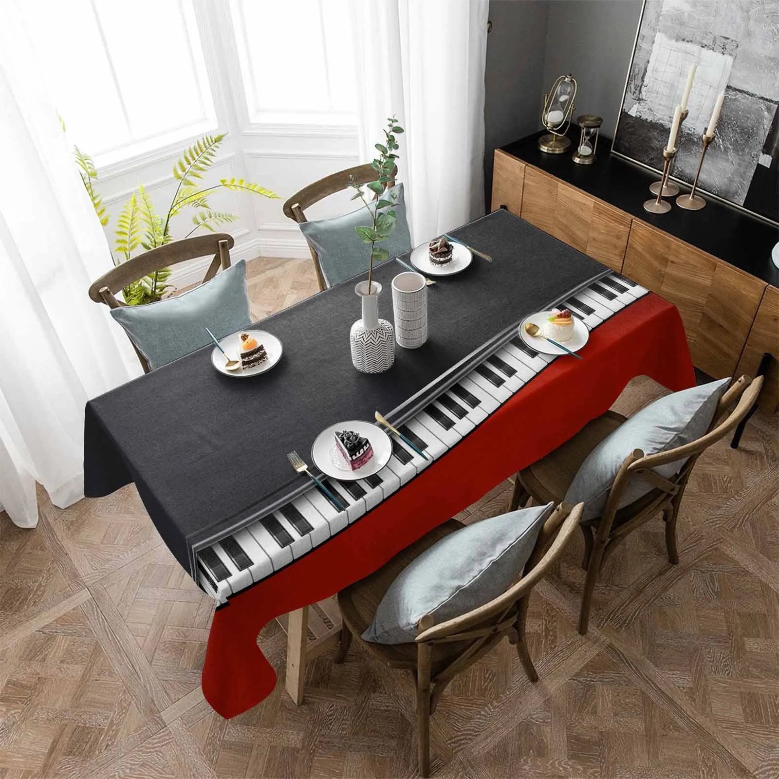 Red And Black Piano Keys Anti-scalding Thickened Waterproof Tablecloth Rectangular Round Table Cover Kitchen Furnishings