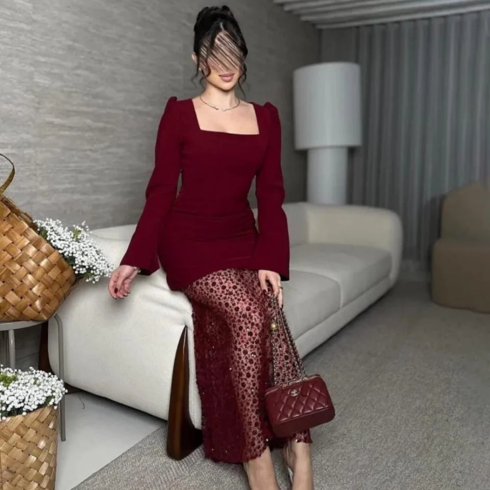 

Customized Exquisite Long Sleeve Zipper Evening Dress Charming Square Neck Sequins Prom Dress Sexy Ruffles Party Gown فساتين س