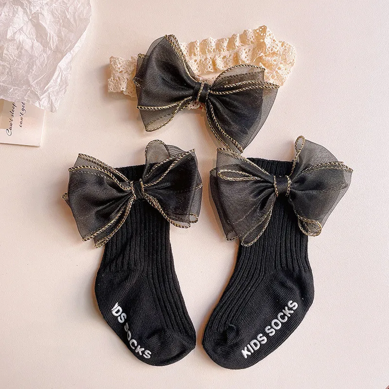 2pcs Bow Lace Baby Socks Newborn Cotton Baby Girls Sock Headband Cute Princess Style Toddler Socks Baby Accessories For Children