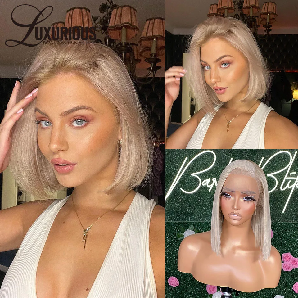 Silver Grey Short Bob Wig Lace Front Human Hair Wigs For Women Transparent 613Colored #60 White Blonde Frontal Lace Wig