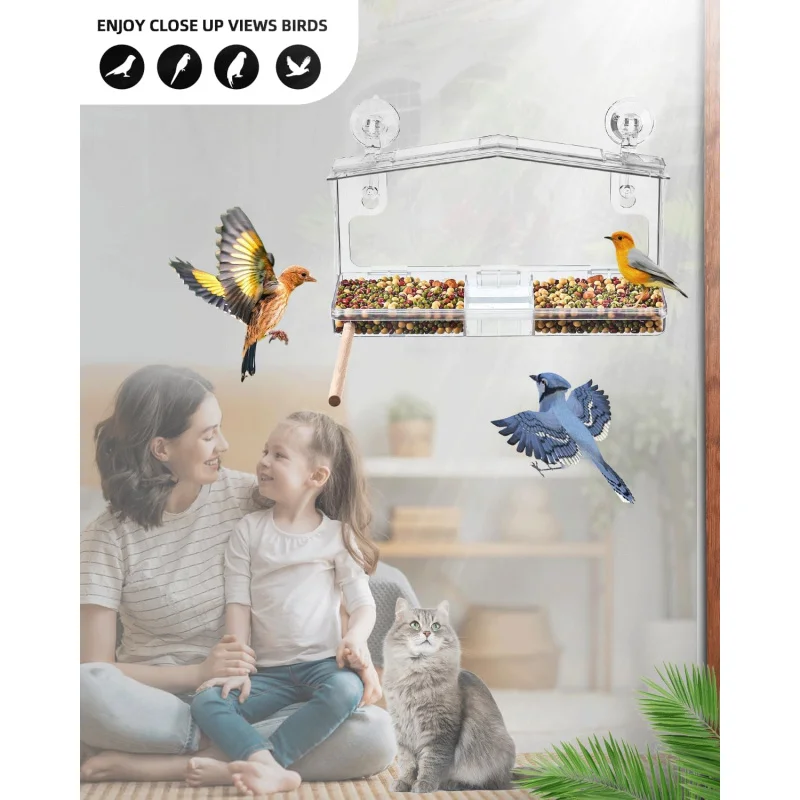 Window Bird Feeders with Strong Suction Cups - Clear Window Bird Feeders Outside, Large Transparent Bird House Window Vi