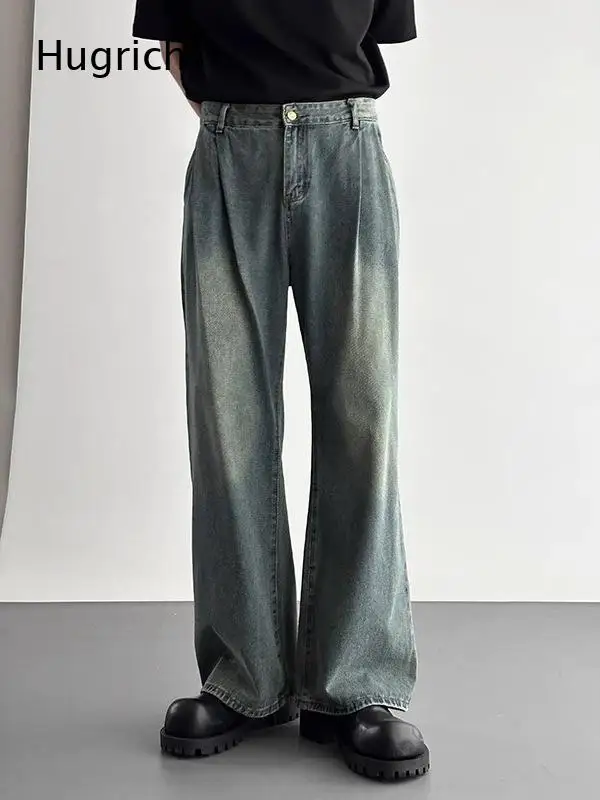 Distressed Faded Relax Baggy Full Length Hip Hop Streetwear Pleated Denim Trousers for Men