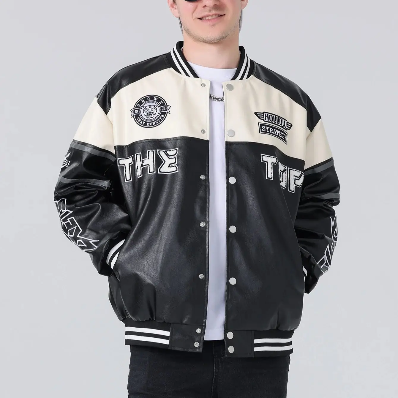 

Мужская куртка-бомбер из искусственной кожи, повседневные лоскутные пальто, винтажная ветровка с вышивкой флага, бейсбольный анорак