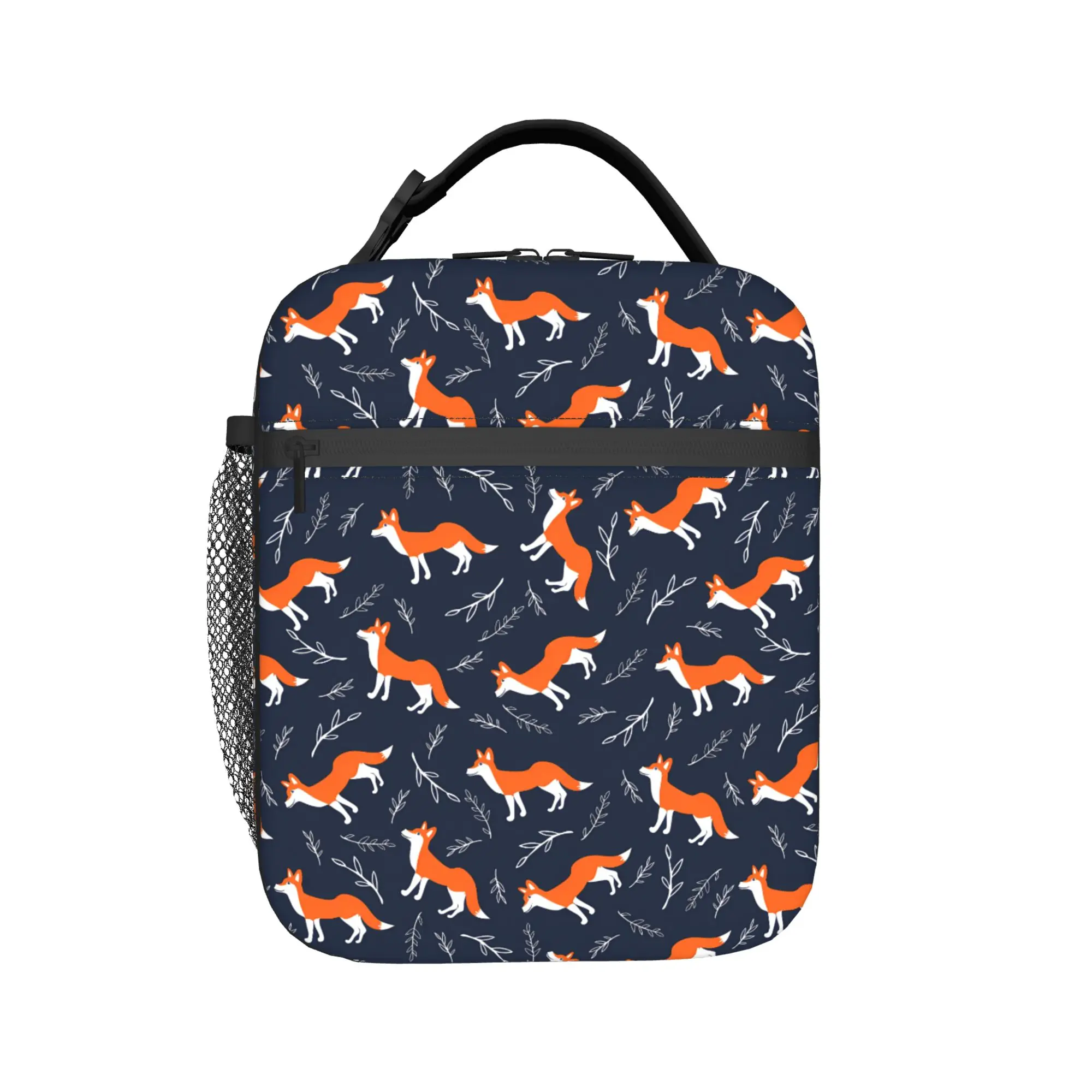 Cute Foxes Navy Blue Forest Pattern Lunch Bag For Women  Graphic Travel Lunch Box Funny Portable Zipper Oxford Cooler Bag