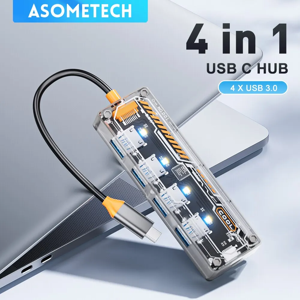 ASOMETECH Type C HUB 4 in 1 USB C to USB 3.0 Transparent Punk Docking Station Splitter Adapter For MacBook Laptop iPhone Samsung