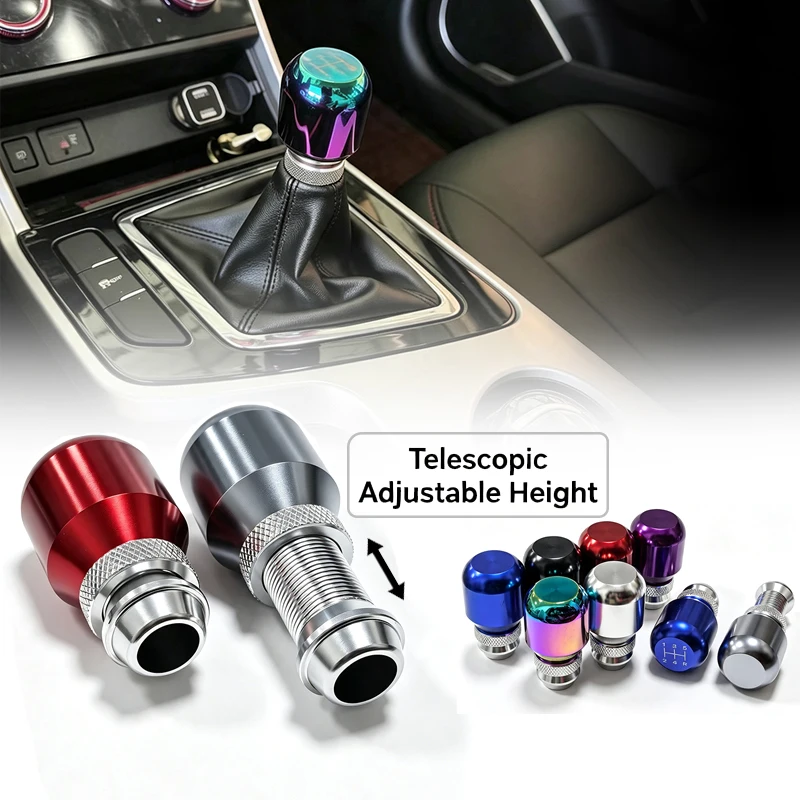 Image of Universeller einziehbarer Aluminium-Schaltknauf, höhenverstellbarer teleskopischer manueller MT-Auto-Schalthebelkopf, mehrfarbig, austauschbar
