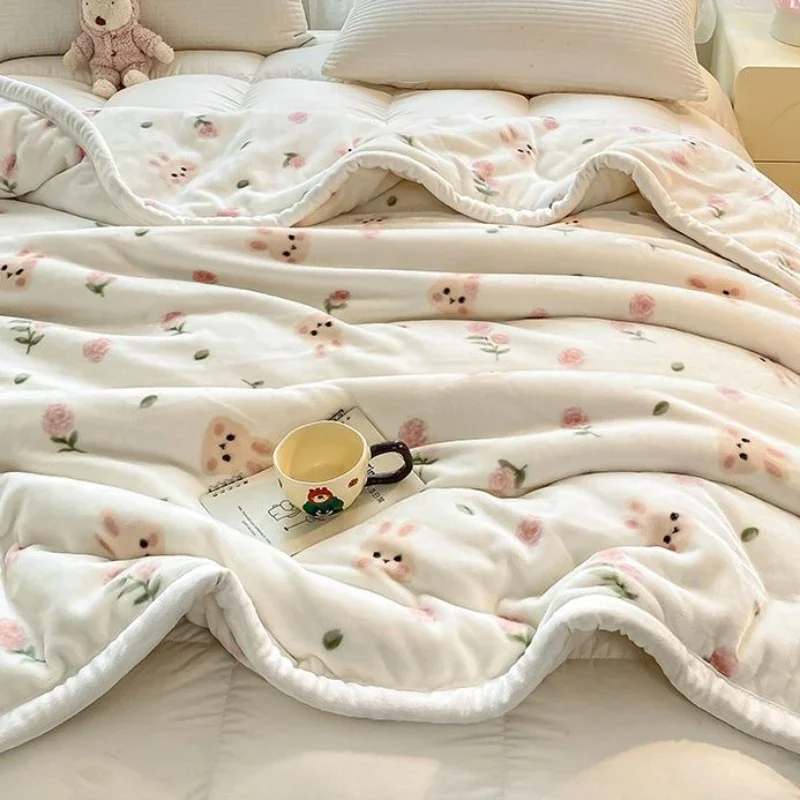 Cute Cartoon Rabbit Carrot Pattern Blanket Dormitory Living Room Nap Plush Quilt Thickened Warm Keep Machine Washable Bedding