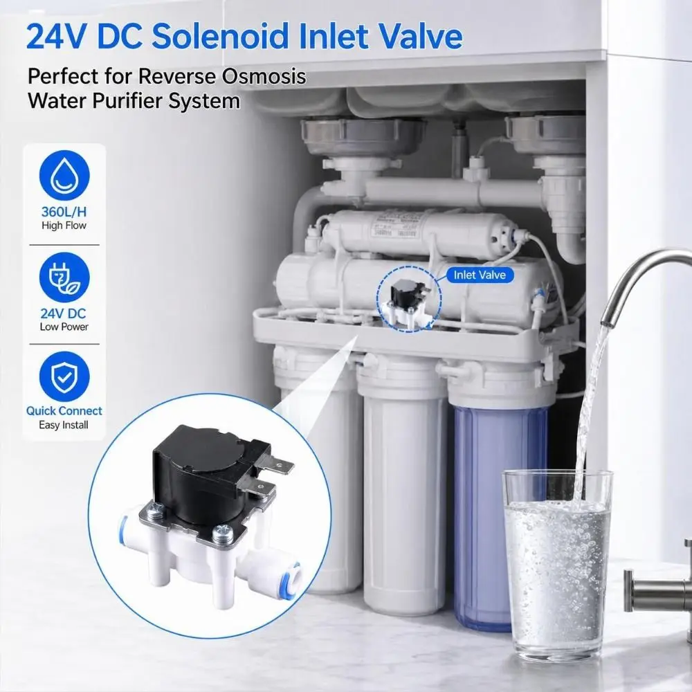 DC 24V Flush Solenoid Valve 1/4 Inch Quick Connect Fast Response Water Purifier Valve Durable Low Power Consumption
