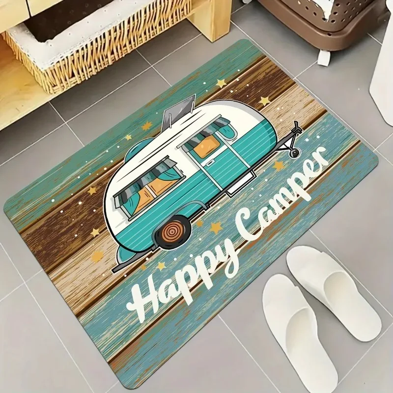 Happy Camping Door Mat Welcome Mat Retro Camping Car Pine Tree Design Suitable Outdoor Indoor Camping Forest Theme Decoration