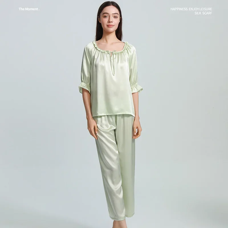 

Женская одежда для сна и дома из 100% тутового шелка с рюшами, 19 мм, топ и брюки с лацканами на пуговицах, кардиган с короткими рукавами, пижамный комплект