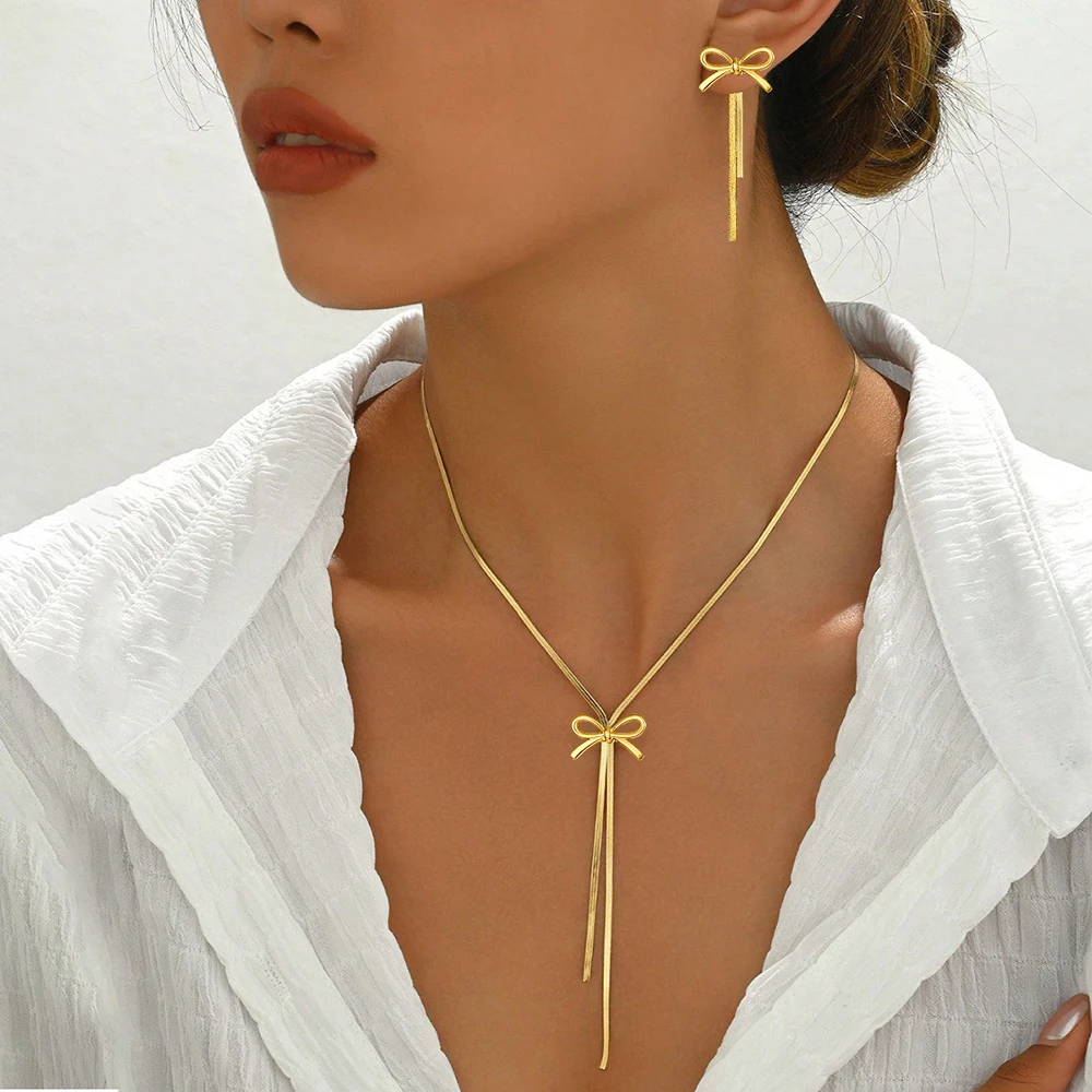 DGIDDK Stainless Steel Necklace French Atmosphere Delicate Bow Tassel Collar Chain For Women Jewelry Daily Match Birthday Gift