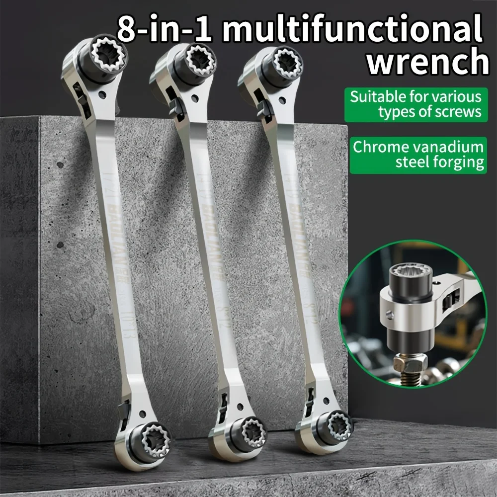 

1-piece 8-in-1 Ratchet Wrench (Socket Sizes: 8/10/12/13/14/17/19/21mm) Chrome Vanadium Steel Wrench, Suitable for Car/Motorcycle