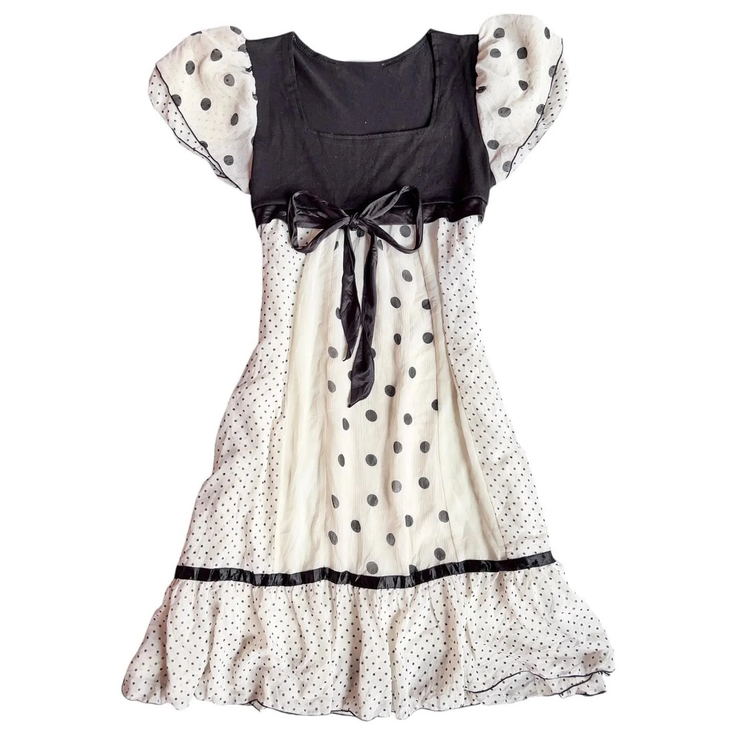 Y2k Französisches Retro-Polka-Dot-Sweet-Kurzarmkleid für Damen im Sommer, schwarz-weißes Patchwork-Design, Schlankheitskleid mit Fliege