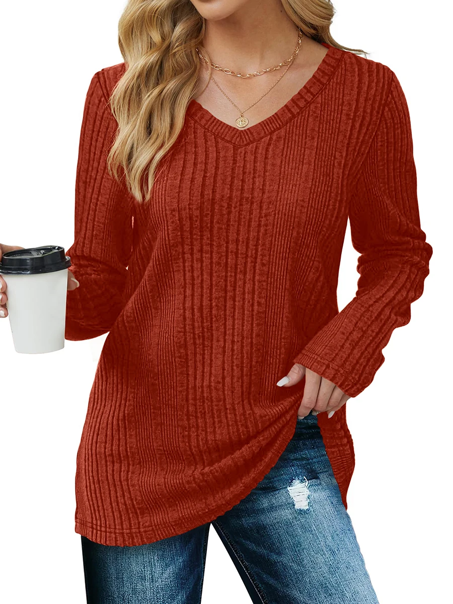 Damen V-Ausschnitt Langarm T-Shirts Gerippte Strick-Tunika-Oberteile Lässige Lose Einfarbige Pullover-Bluse Herbst Winter Basic Tee Damen 2026 – Detail 1