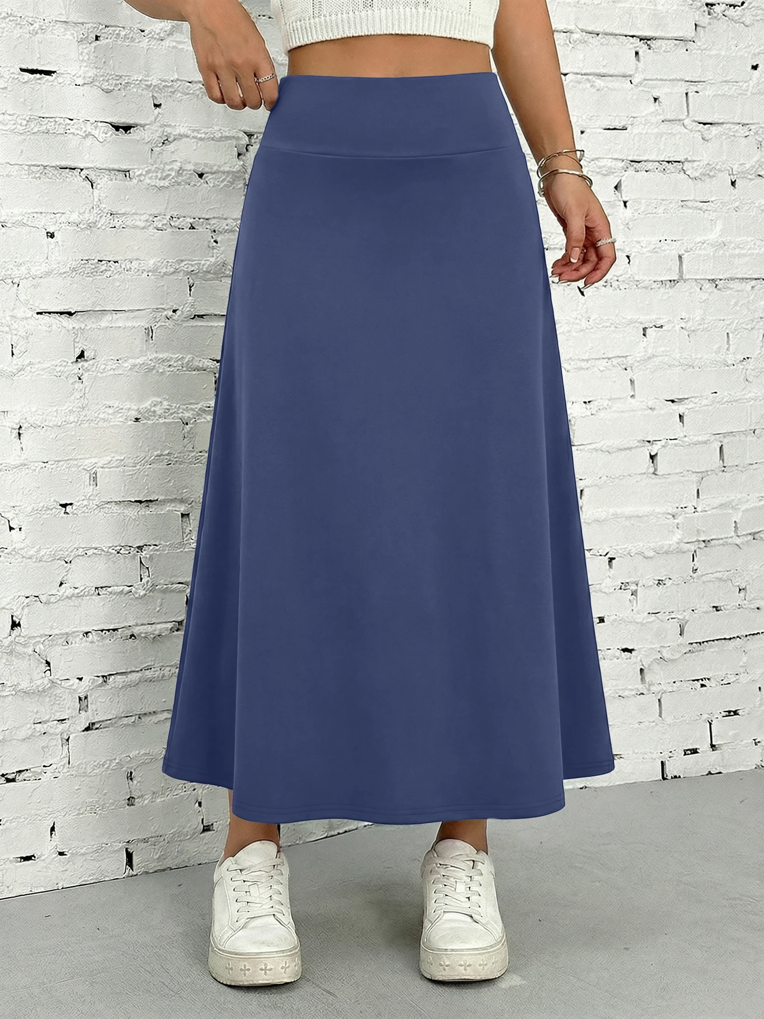 Comfort‑focused Women A‑Line Swing Maxi Skirt Solid Knit Long Skirt High Elastic Wide Waistband Commuter Holiday Skirts