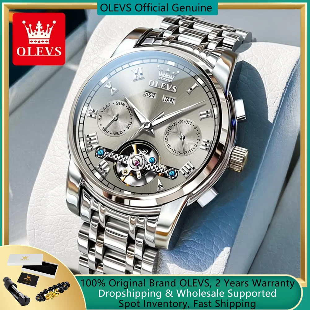 

OLEVS Brand Original Man Watch Full Automatic Mechanical Wristwatch Skeleton Calendar Waterproof Stainless Steel Watches for Men